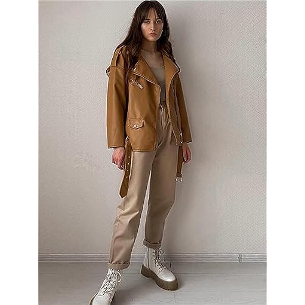 Adhdyuud Vrouwen Bruin Faux Lederen Jas Herfst Casual Moto Biker Punk PU Jas Losse Uitloper Met Riem